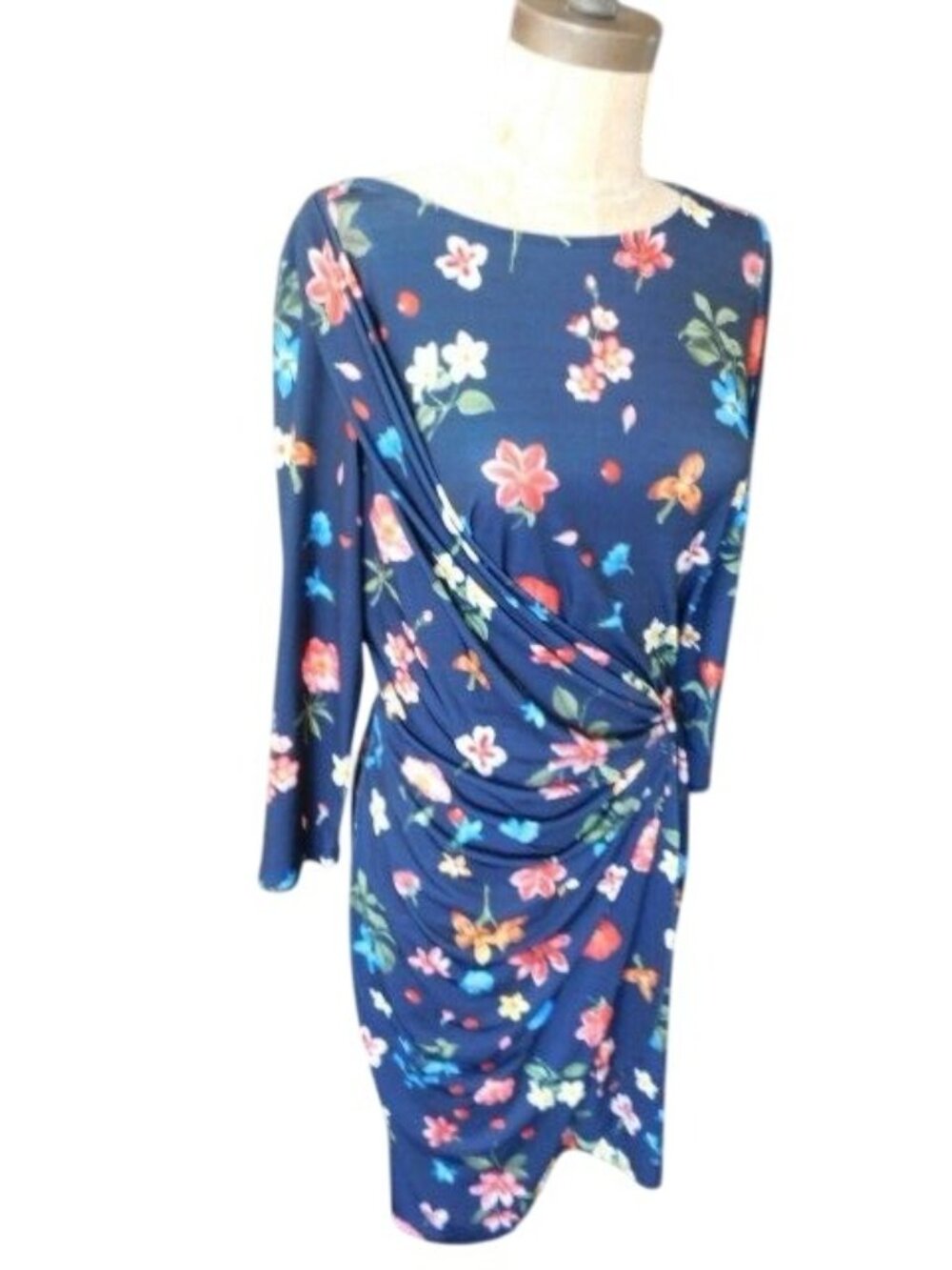 Tahari Size 10 Stretchy Floral Print Navy Classic Dress - Picture 3 of 3